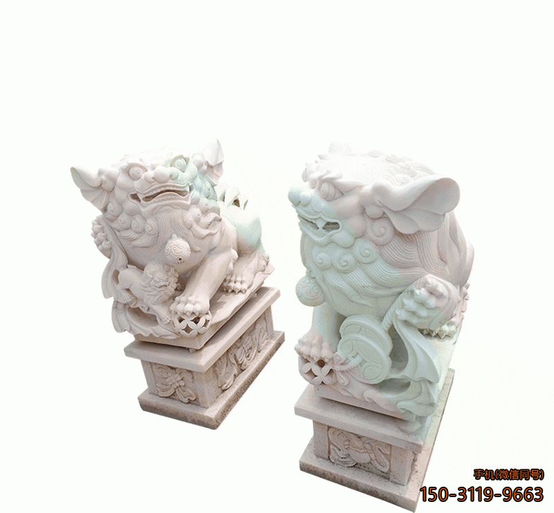 漢白玉獻錢獅_企業門口鎮宅招財動物石雕雕塑