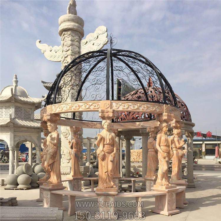 別墅花園裝飾晚霞紅浮雕西方仕女石柱鐵藝鏤空?qǐng)A頂石涼亭雕塑