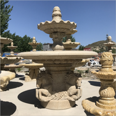 黃蠟石石雕噴泉流水缽，雙層黃色裝飾馬的水缽