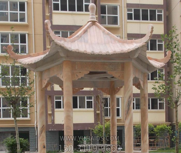 花園小區擺放晚霞紅六角休閑座椅涼亭打水雕塑