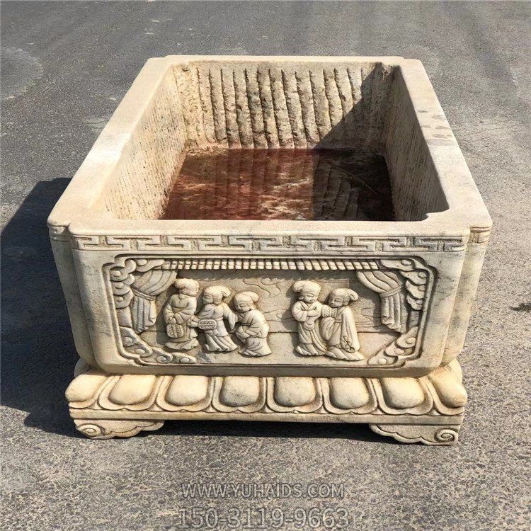 中式庭院擺放大理石浮雕長(zhǎng)形養(yǎng)魚老石槽水缸雕塑