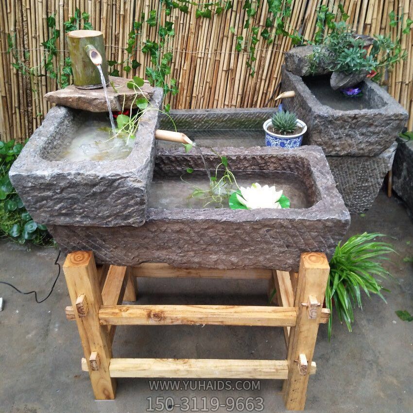 老舊石槽組合水缸養(yǎng)魚(yú)石盆庭院戶外石磨青石景觀流水?dāng)[件雕塑
