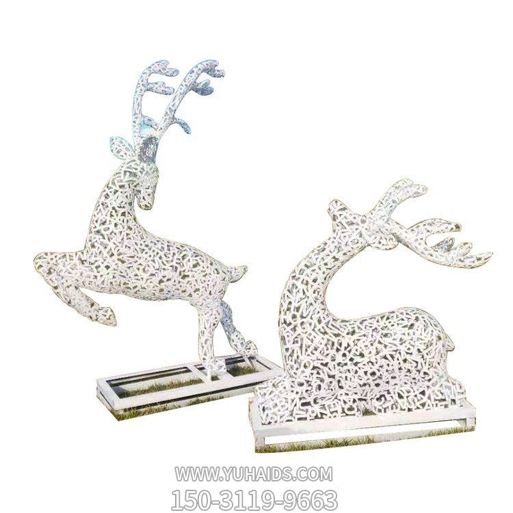 不銹鋼鏤空戶外景觀抽象發光動物梅花鹿雕塑