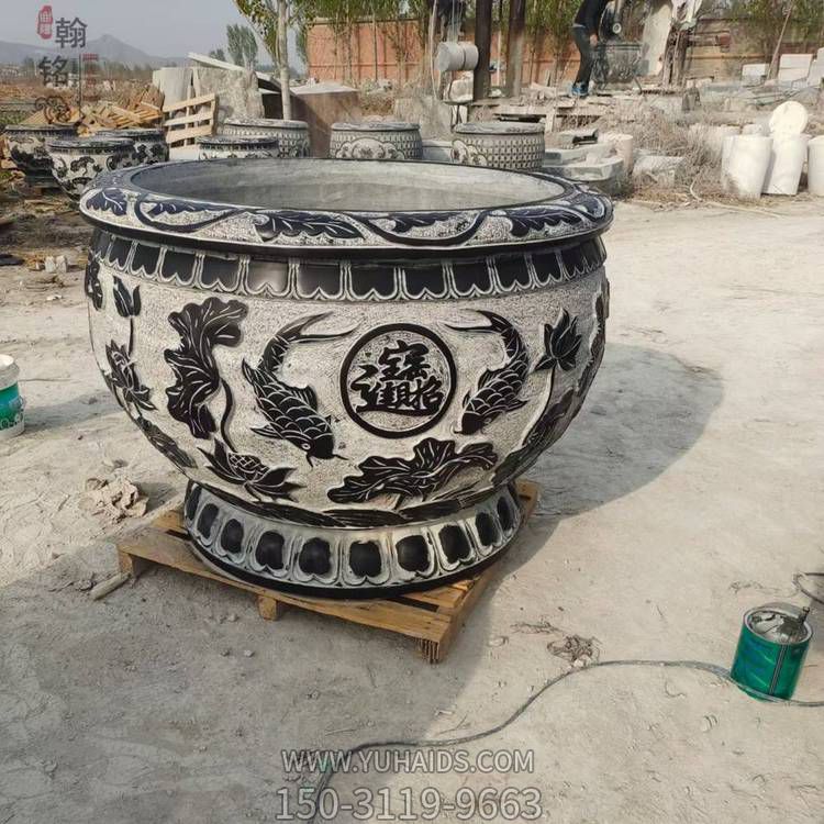 石雕仿古做舊鯉魚圓形水缸庭院養花養魚花盆雕塑