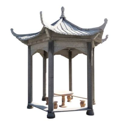 庭院中式仿古建筑六角涼亭休息乘涼下棋園林石頭涼亭