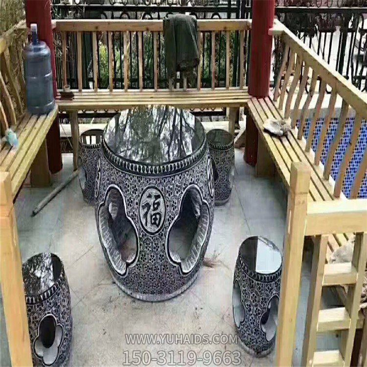 園林擺放大理石黑雕刻仿古中式石桌凳擺件雕塑