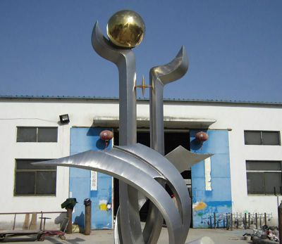 企業不銹鋼樹葉手托球景觀雕塑