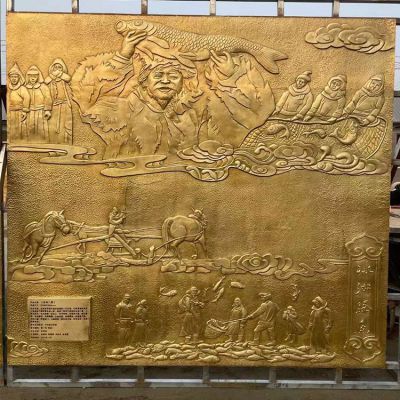 冰湖騰魚(yú)，漁文化主題浮雕，銅雕壁畫