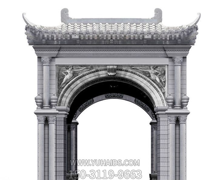 酒店單門歐中式創意結合青石牌坊門樓雕塑