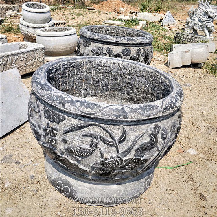 青石魚缸，鯉魚荷花刻紋仿古水缸雕塑