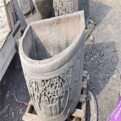 石雕養魚池大魚缸 庭院老石器老半圓砂石缸擺件