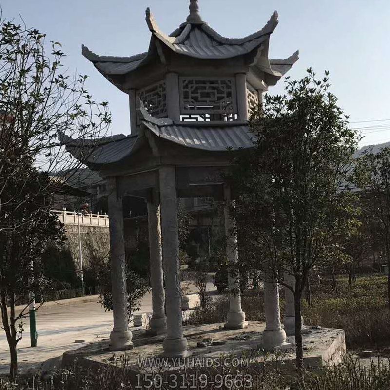 仿古戶外景區鏤空青石雕刻休閑涼亭雕塑