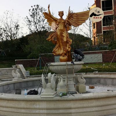 小區(qū)噴泉景觀(guān)，水槽+噴泉+吐水天鵝石雕+勝利女神銅像