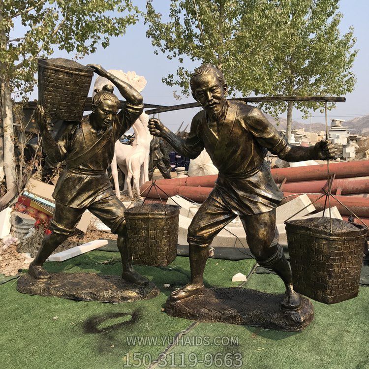 干農活的古人，玻璃鋼仿銅農耕主題人物雕塑