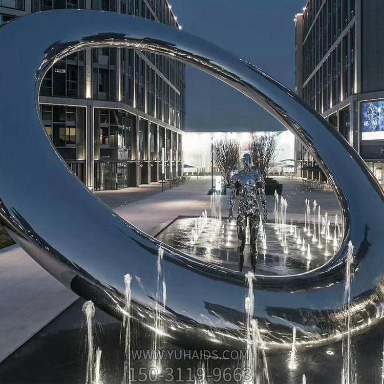 不銹鋼噴泉水景鏡面水簾圓環雕塑
