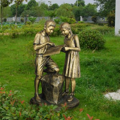 探討，鑄銅男女小學(xué)生雕塑