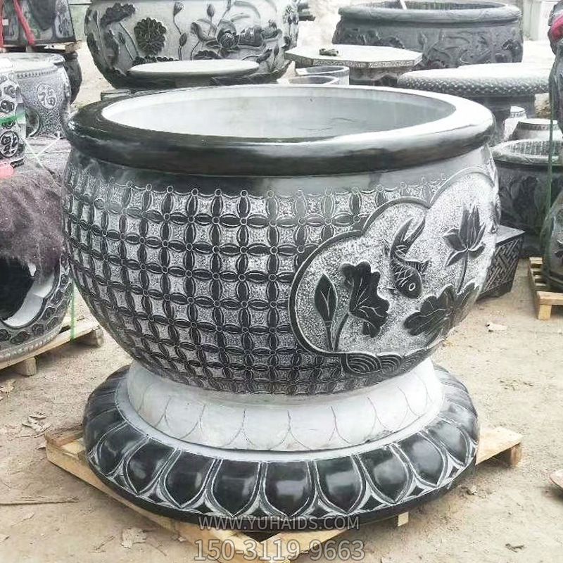 青石創(chuàng)意浮雕網格大型戶外景觀擺件缸雕塑