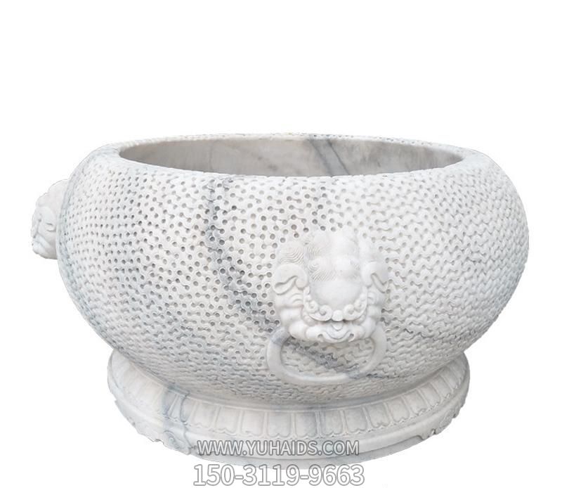 庭院狴犴圓形浮雕水缸白色缸雕塑