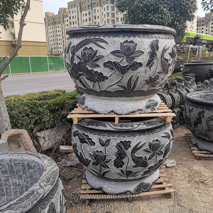 庭院中式青石仿古浮雕荷花魚(yú)缸擺件雕塑