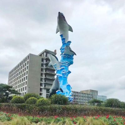 玻璃鋼彩繪海豚廣場創意景觀標識雕塑