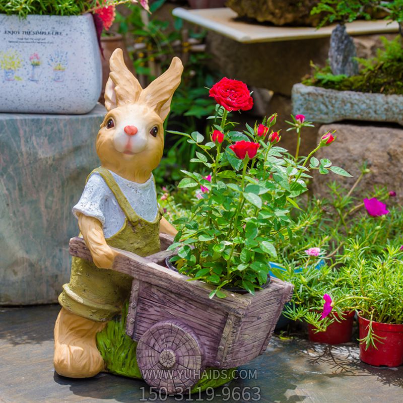 公園景區玻璃鋼彩繪推著花盆車的兔子雕塑