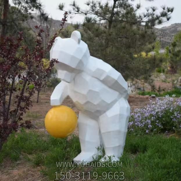 公園大型不銹鋼幾何創意拍球的熊雕塑