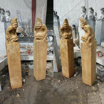 人物浮雕做舊仿古庭院門前擺放拴馬柱擺件