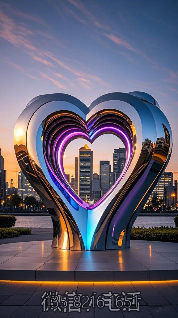 鏡面發光不銹鋼比心雕塑