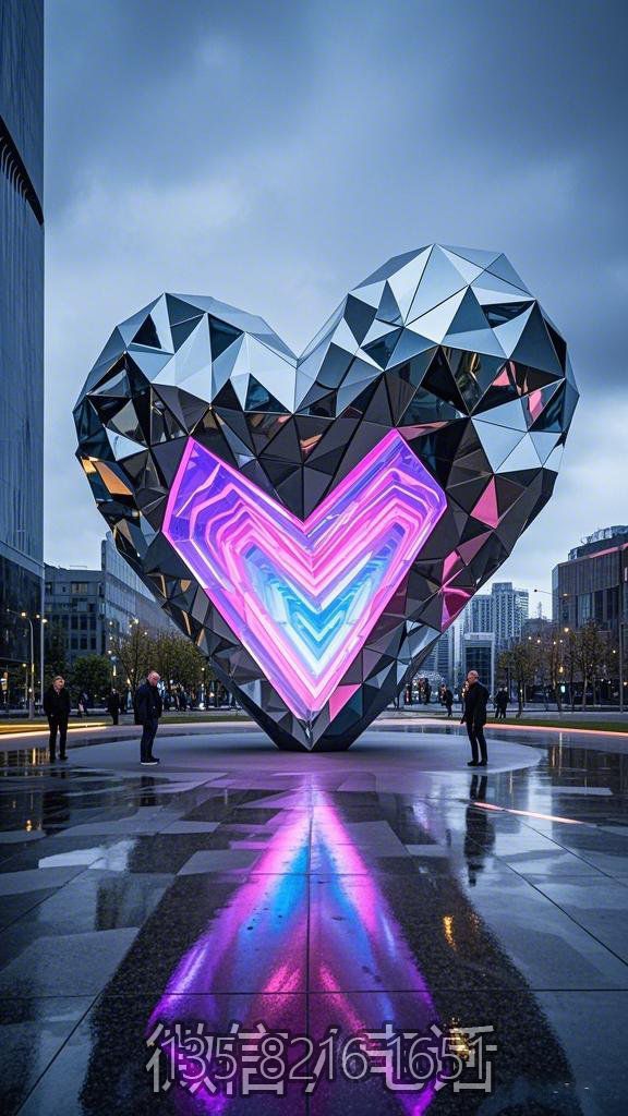幾何塊面不銹鋼發光愛心雕塑