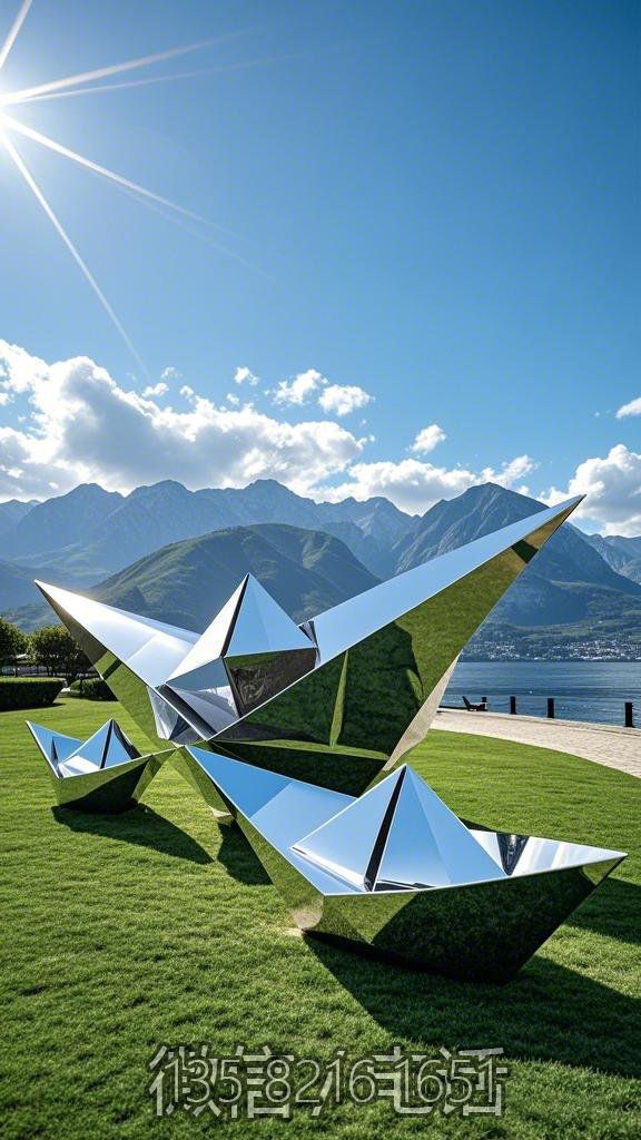 鏡面不銹鋼折紙小船雕塑擺件