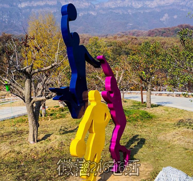 戶外園林景觀抽象不銹鋼剪影打籃球的人物雕塑