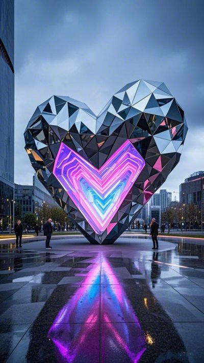 幾何塊面不銹鋼發光愛心雕塑