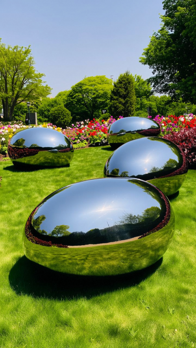 公園草坪鏡面不銹鋼鵝卵石圓球雕塑擺件