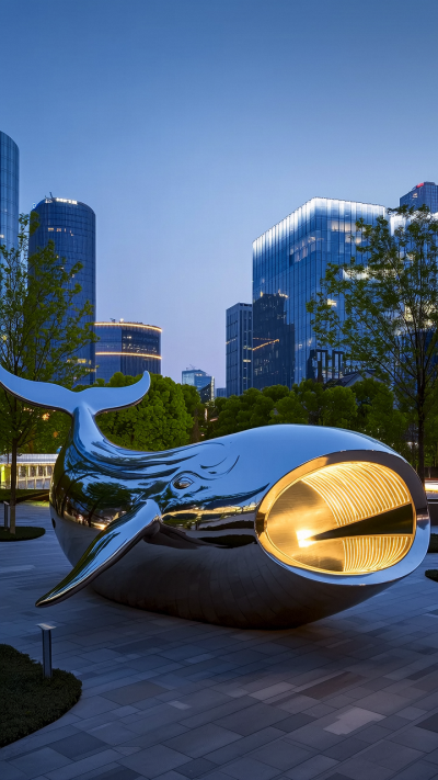 城市園林創(chuàng)意不銹鋼發(fā)光鯨魚雕塑