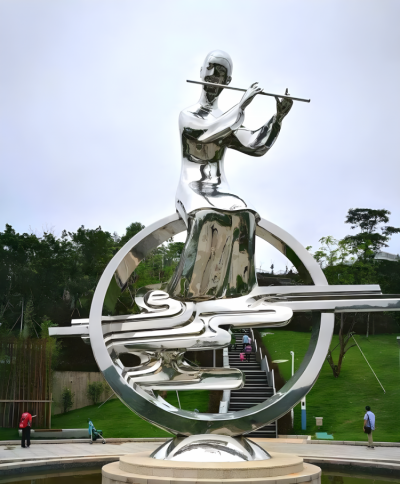 戶外不銹鋼創意景觀吹笛子的人物雕塑