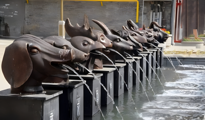 別墅小區定制噴泉流水景觀擺件玻璃鋼仿銅吐水十二生肖雕塑