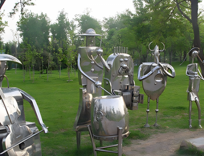 戶外園林不銹鋼抽象吹拉彈唱的人物雕塑